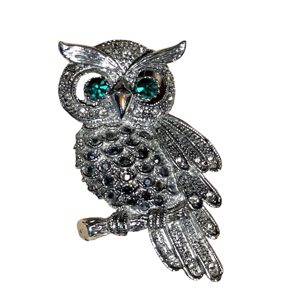 Vintage Owl Brooch/ Pendant With Green Rhinestone Eyes & Silver Tone Metal
